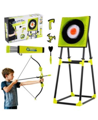 4-in-1 Kids Axe Throwing Game Set with Bristle Target, Axes, Darts and Bow, Indoor Outdoor, Ages 8