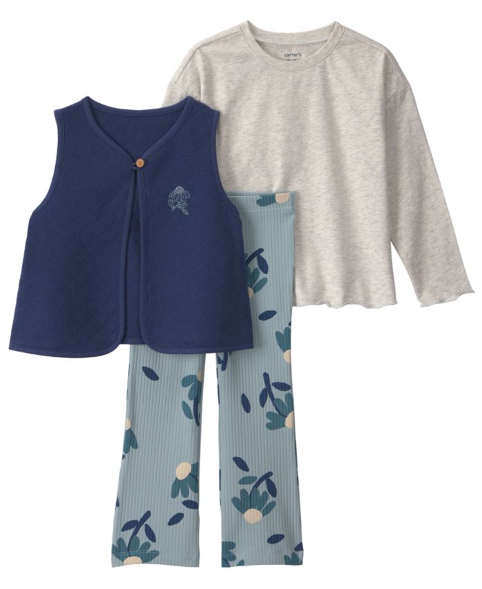 Carters Toddler Girls 2t 5t Floral Long Sleeve Layering Top Vest Leggings — 3 piece