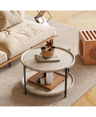 Round Boho Wood Coffee Table, 2-Tier Center Table with Metal Legs, X-Shape Base and Open Storage Shelf