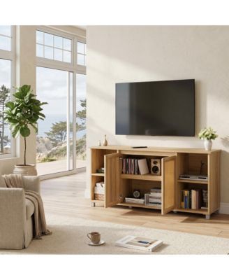 Modern Boho Rattan TV Stand with Woven Doors and Cable Management - Durable Wood Media Console and Entertainment Center for Living Room