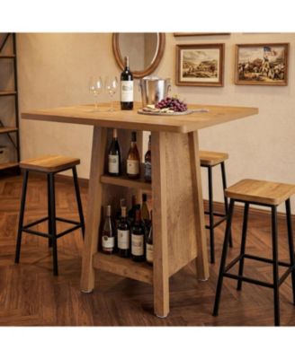 Square Bar Table with Storage, 35.4" H High Top Pub Table with 2 Open Shelves, Farmhouse Bistro Bar Furniture