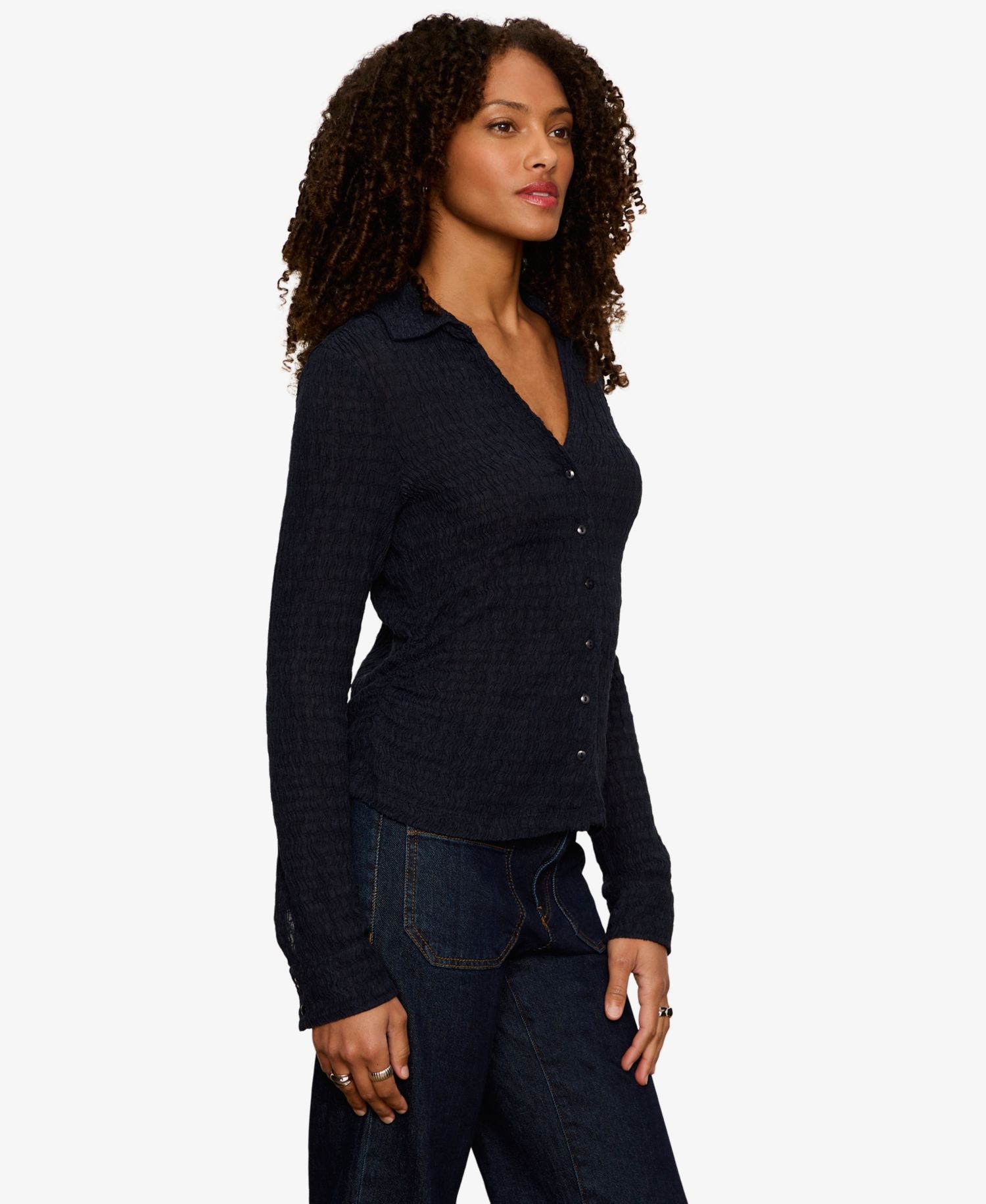Petite Juno Textured Long-Sleeve Spread Collar Shirt
