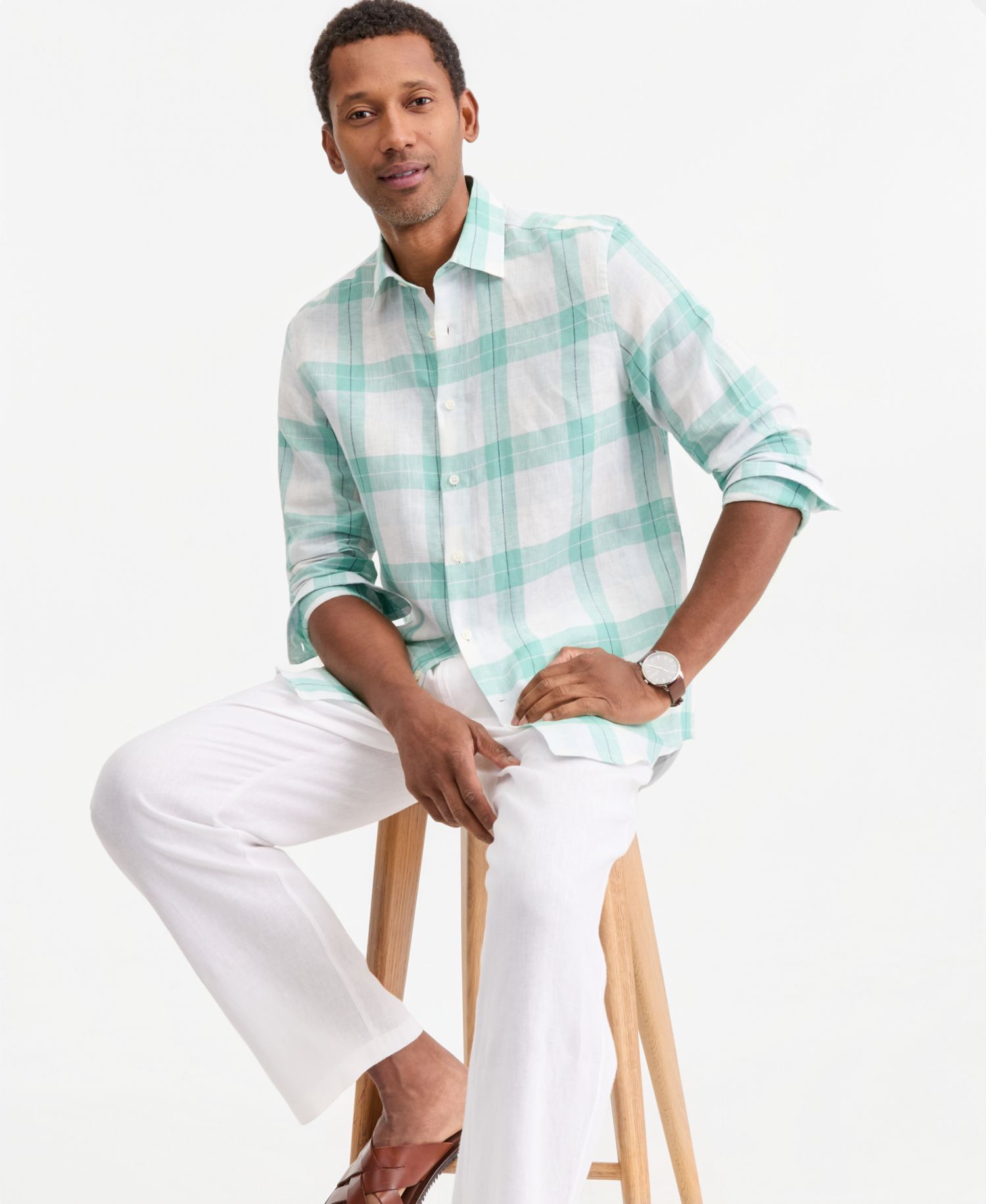 Men's Plaid Linen Button-Up Shirt