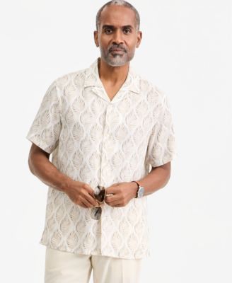 Men's Linen Leaf-Print Short-Sleeve Shirt