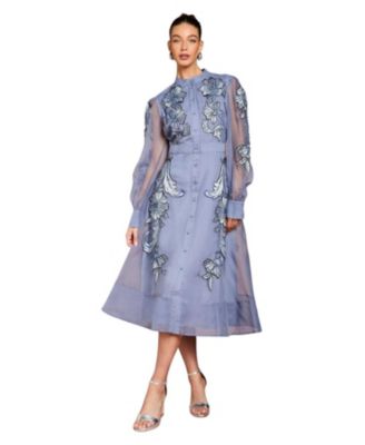 Women's Embroidered Sheer Sleeve Midi Dress