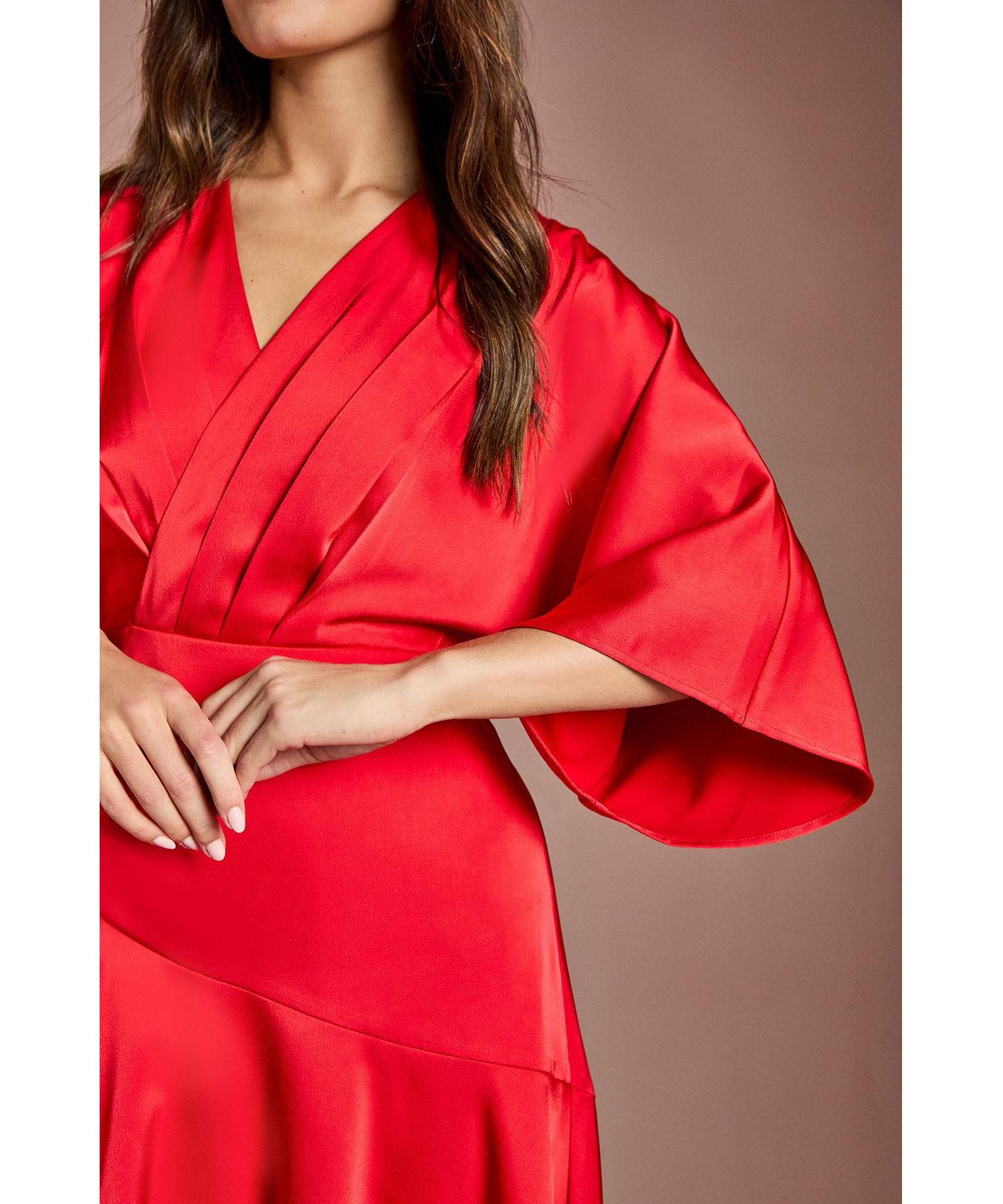 Women's Satin Back Crepe Ruffle Wrap Midi Dress