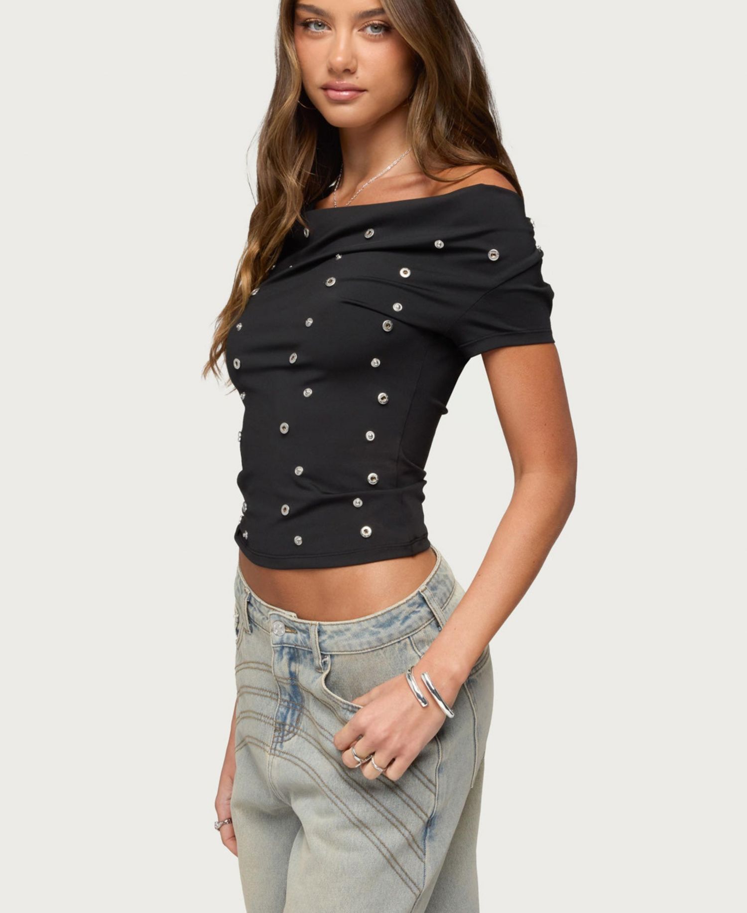 Womens Bijou Metal Snap Cowl Neck Top
