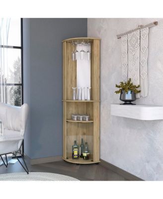 Oregon Corner Bar Cabinet with Shelf, Glass Rack, Mirrored Interior and Glass Doors