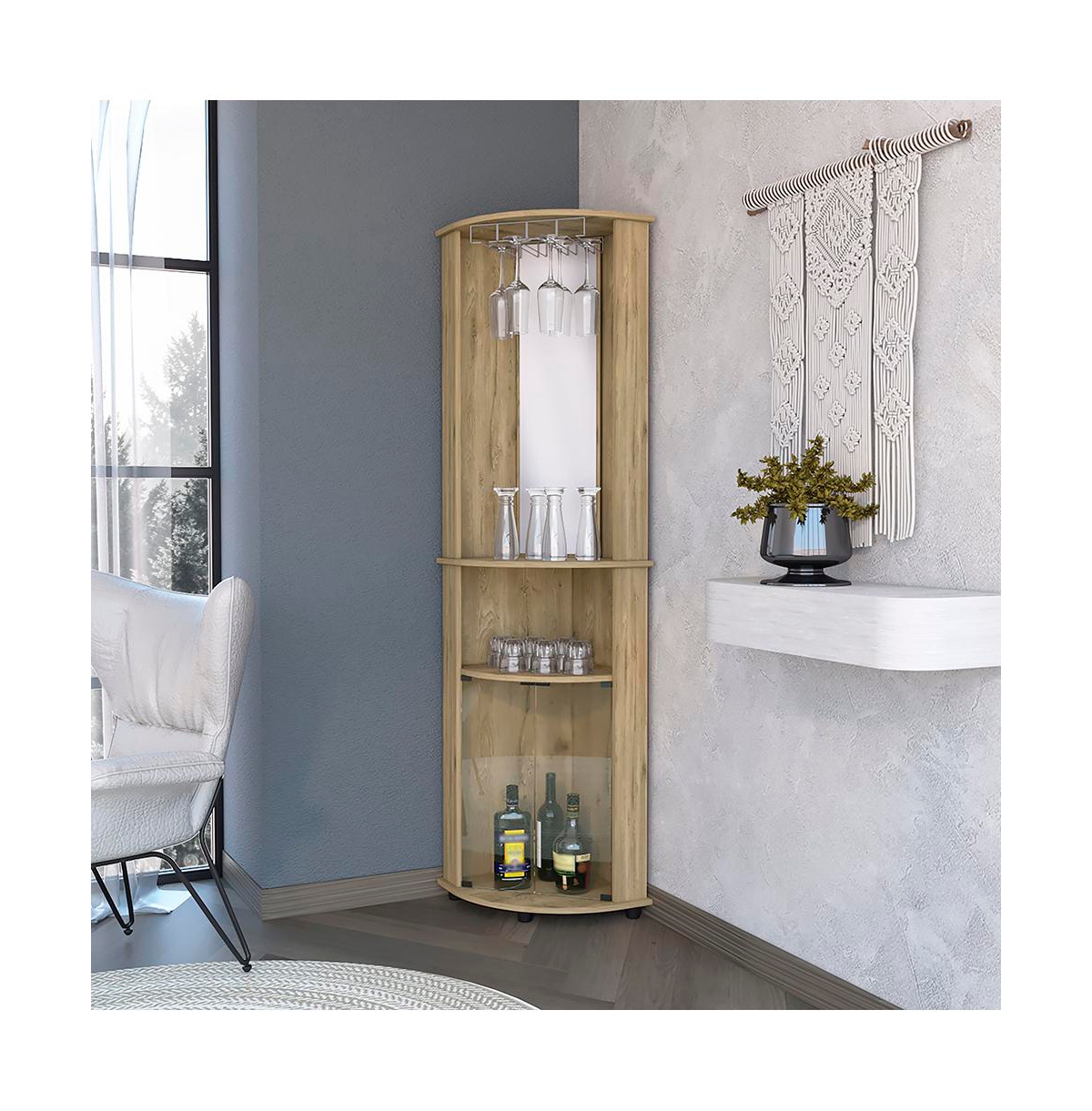 Flynama Oregon Corner Bar Cabinet with Shelf, Glass Rack, Mirrored Interior and Glass Doors