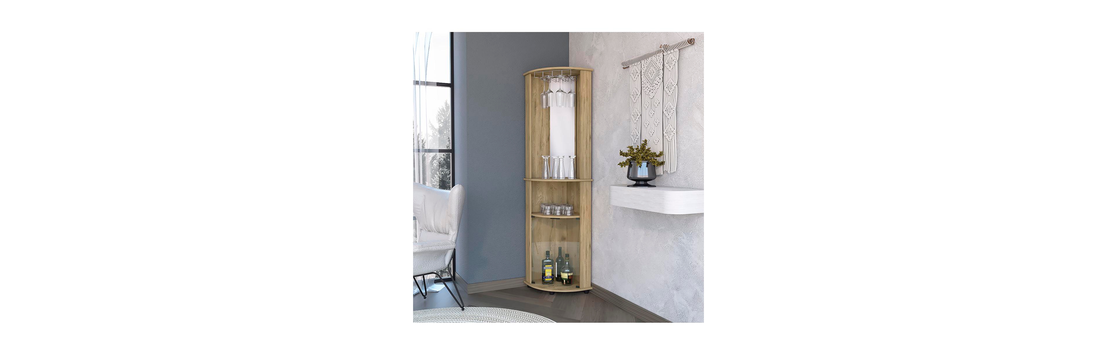 Flynama Oregon Corner Bar Cabinet with Shelf, Glass Rack, Mirrored Interior and Glass Doors