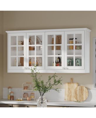 63-Inch Wide Wall Mount Cabinet with Glass Doors 32-Inch Tall Storage Hutch Modern Kitchen Pantry or Bathroom Storage