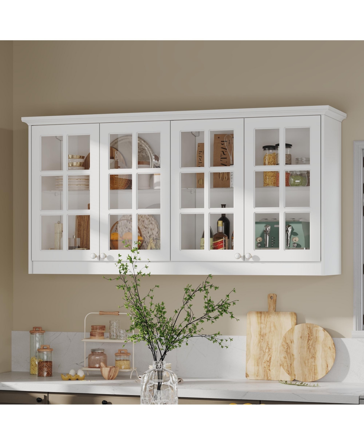 Homsee 63-Inch Wide Wall Mount Cabinet with Glass Doors 32-Inch Tall Storage Hutch Modern Kitchen Pantry or Bathroom Storage