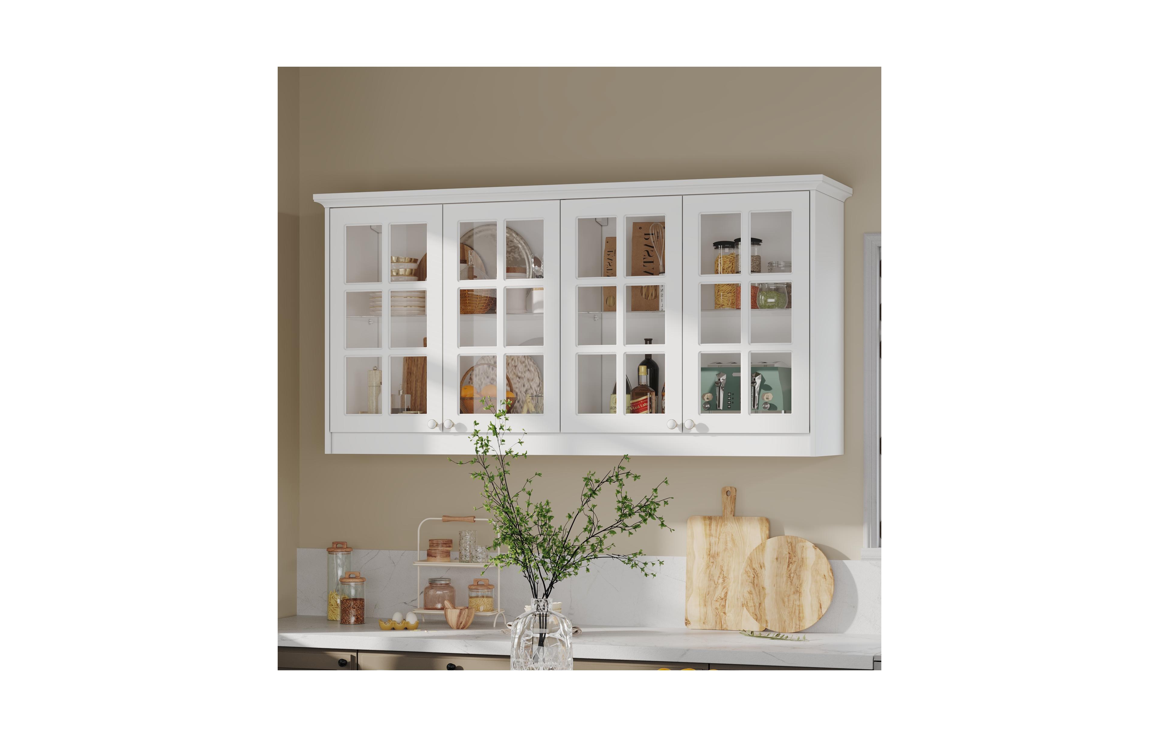 Homsee 63-Inch Wide Wall Mount Cabinet with Glass Doors 32-Inch Tall Storage Hutch Modern Kitchen Pantry or Bathroom Storage