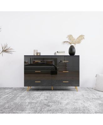 High Gloss 6-Drawer Storage Chest with Golden Handles and Metal Legs Home Bedroom Vanity Cabinet