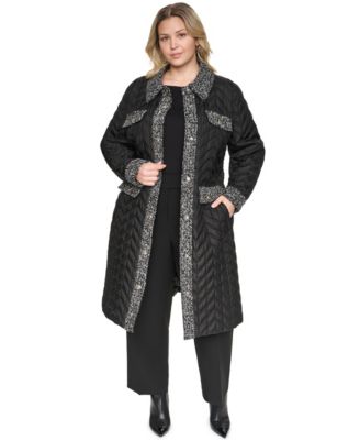 Plus Size Long Quilted Tweed-Trim Coat
