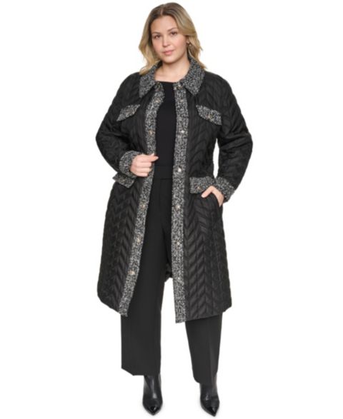 Женское пальто KARL LAGERFELD PARIS Plus Size Long Quilted Tweed-Trim, цвет: Чёрный