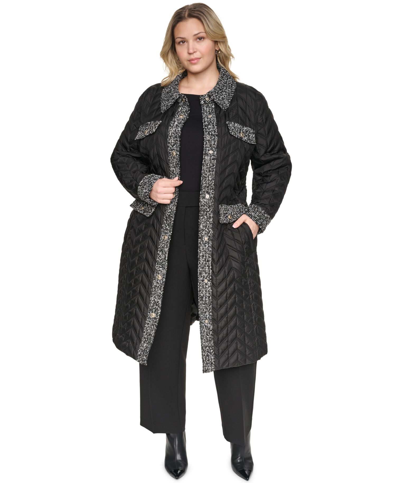 Plus Size Long Quilted Tweed-Trim Coat