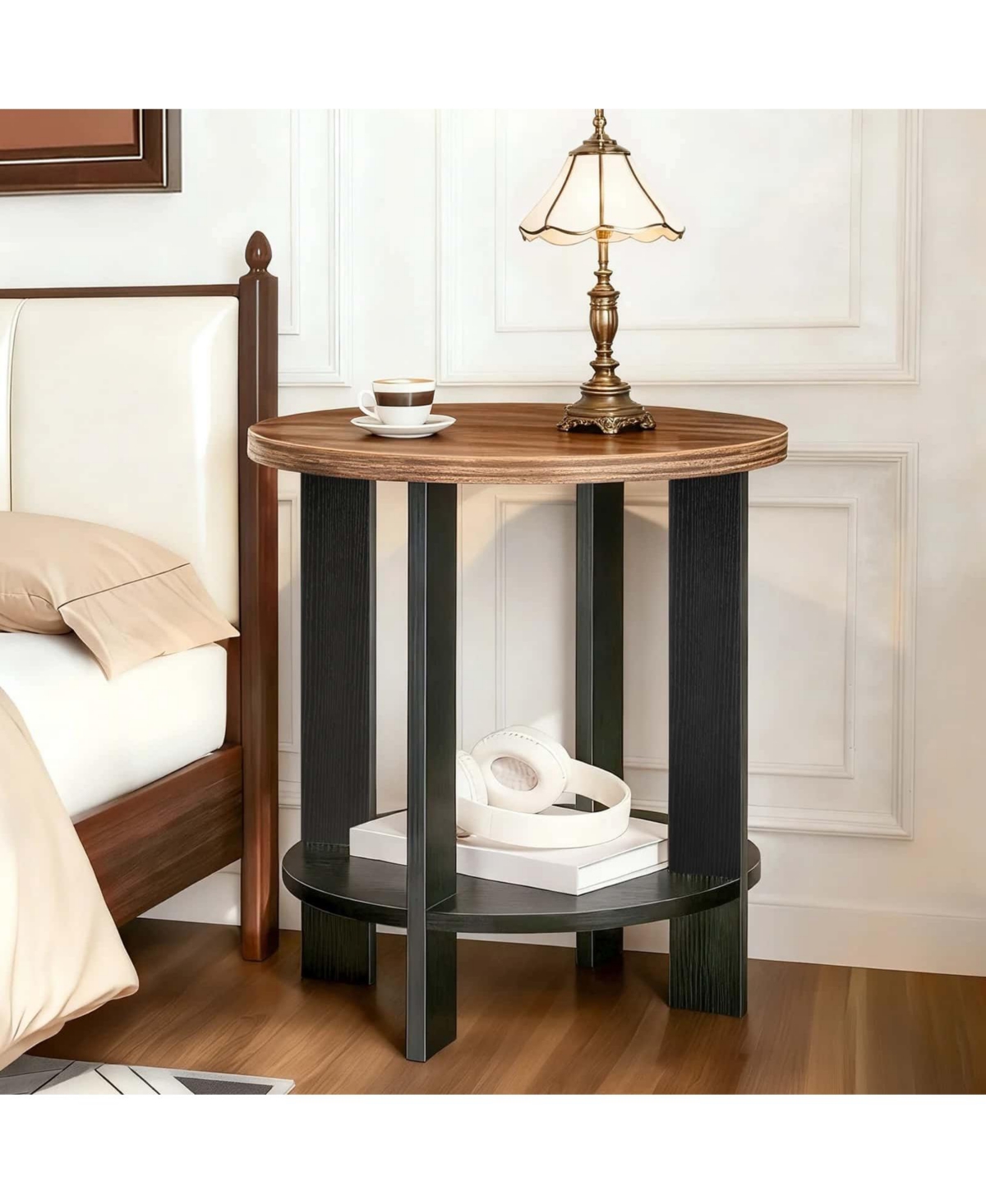 Slickblue Farmhouse End Table with Two-Tier Storage Shelf and Round Design