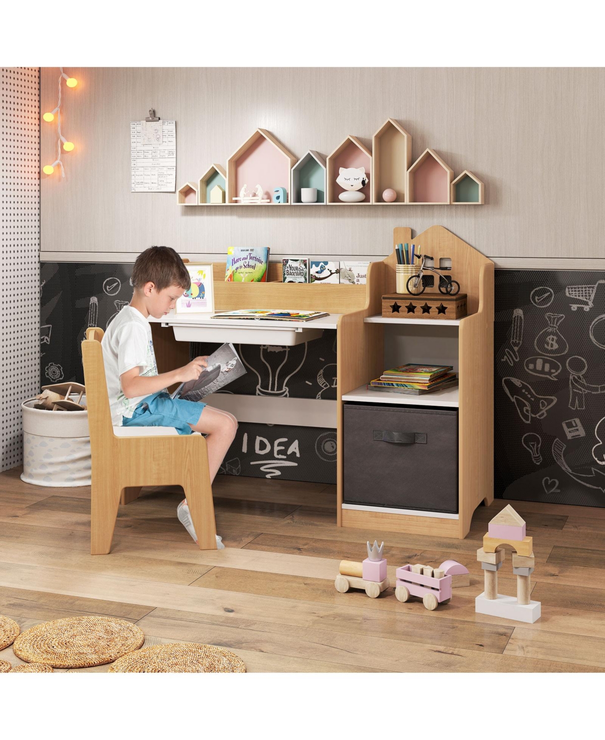 Slickblue Children Study Table and Chair Set with Open Shelves Storage Drawer