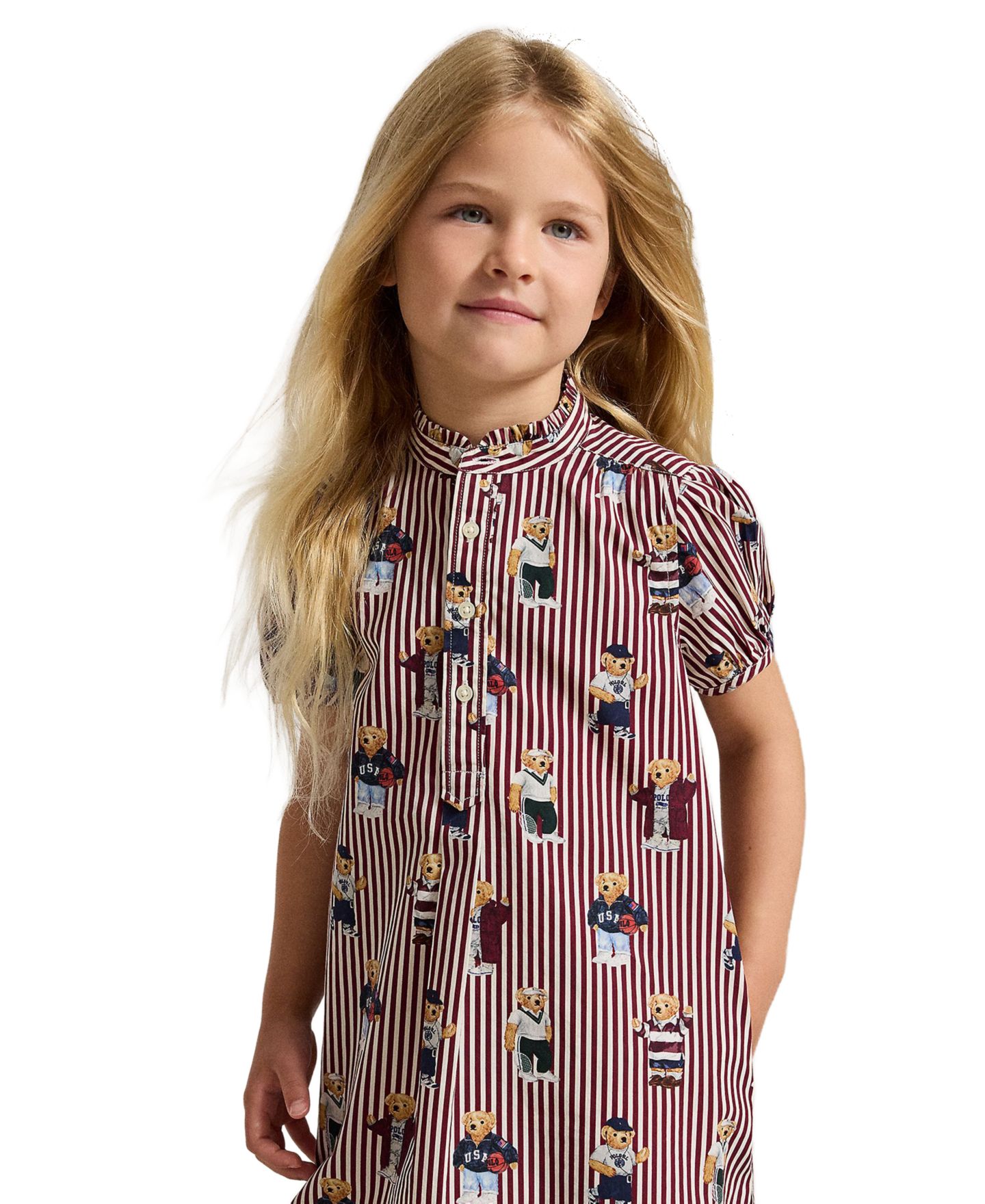 Платье Polo Ralph Lauren Polo Bear Poplin Short-Sleeve Dress для девочек, цвет: Полосатый — фото 2