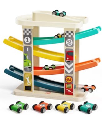 Toddler Toys Wooden Car Ramp Race Track Set Zig Zag track Car Toys For Toddlers With 4 Different Colors Cars