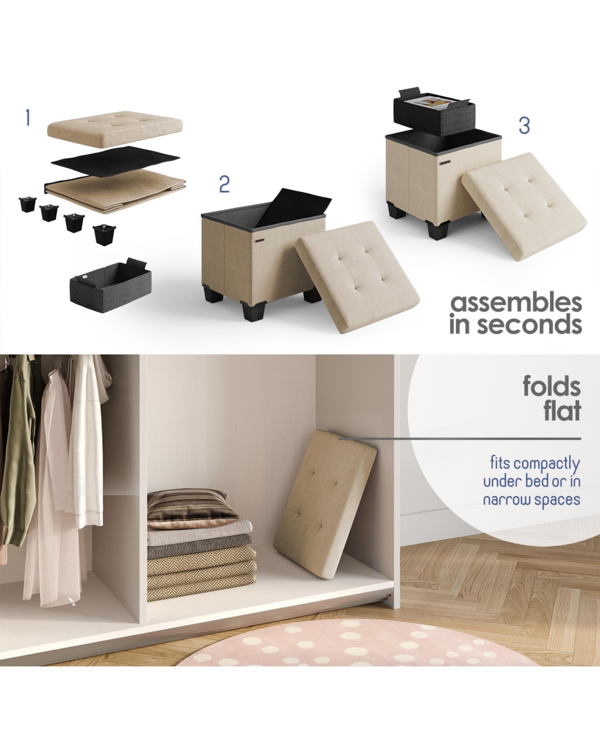 Nestl -Inch Velvet Cube Storage Ottoman with Bin