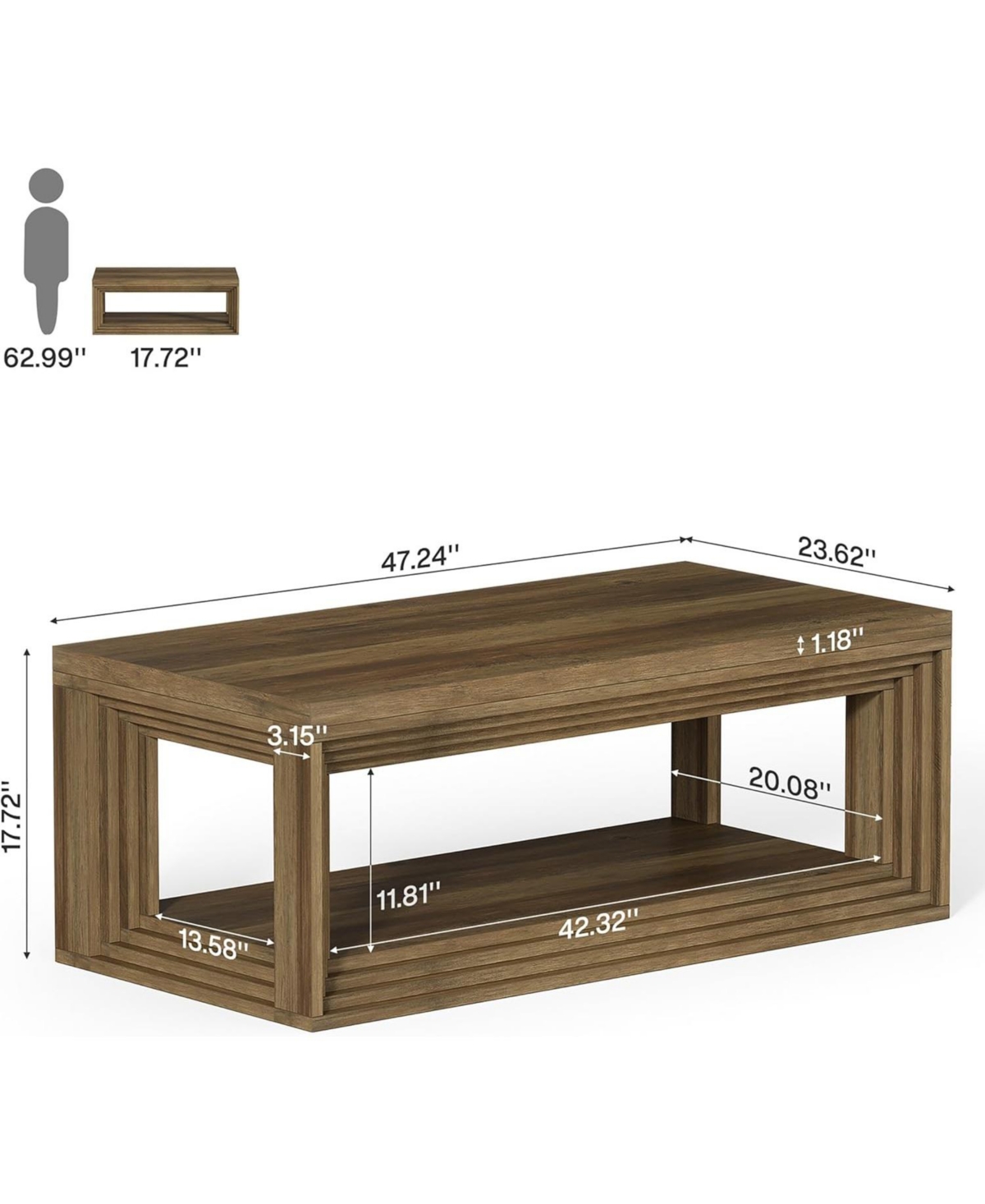 Tribesigns 47" Modern Coffee Table, Farmhouse Rectangular Living Room Table with 2-Tier Storage Shelf