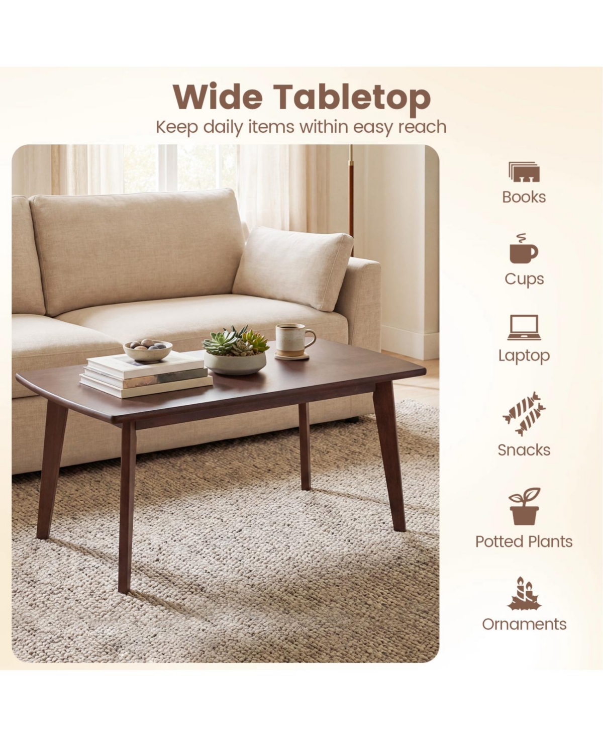 Slickblue Modern Solid Wood Coffee Table with Tapered Legs for Living Room