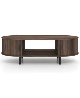 Modern Wooden Oval Coffee Table with Storage Space for Living Area-Walnut