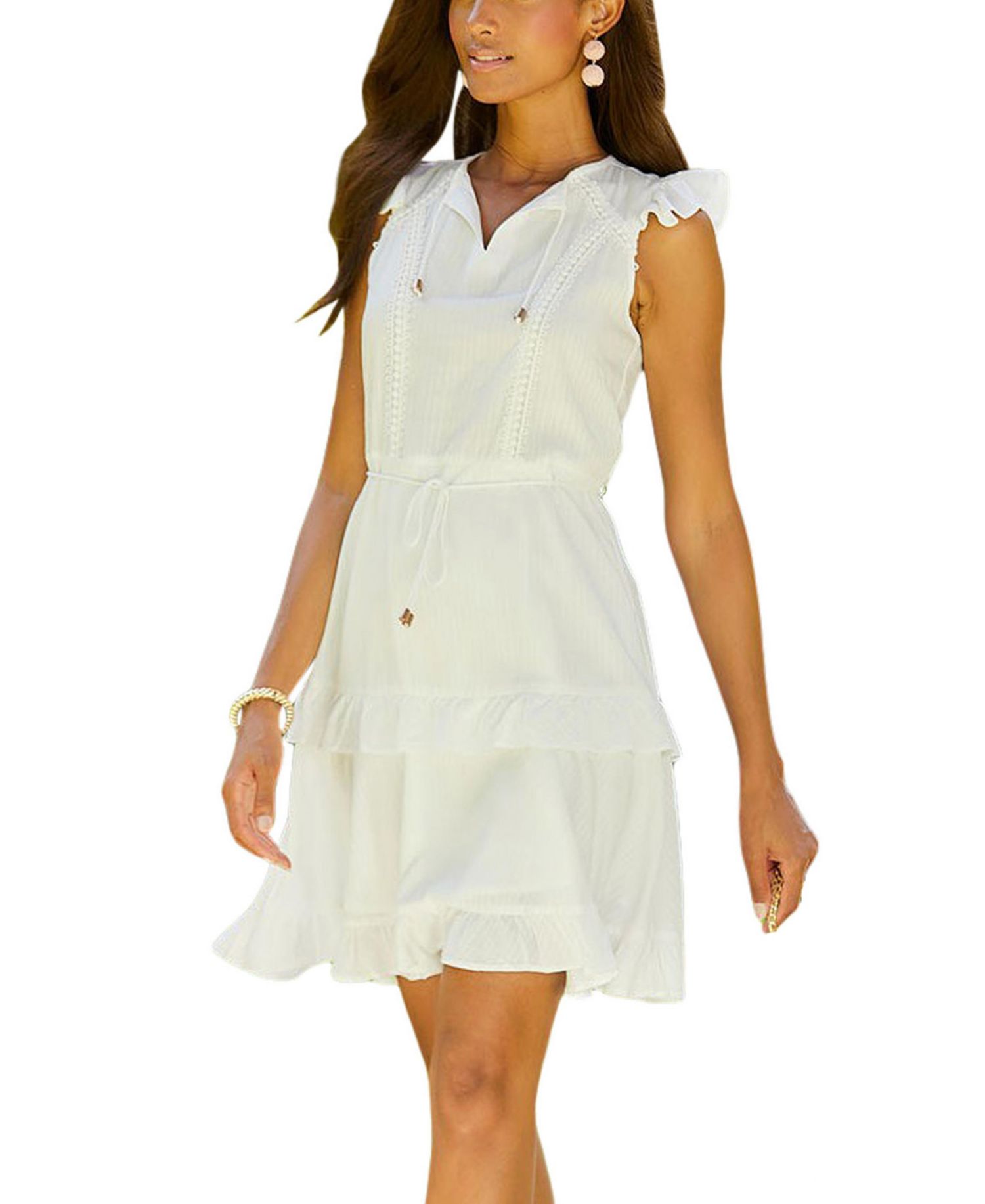 Women's Viscose Crochet Ruffle Trim A-Line Notch-Neck Short Dress
