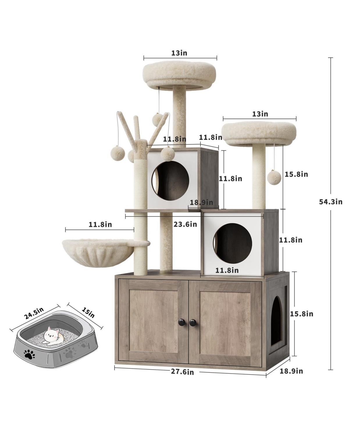 Homfan 2-in-1 Modern Cat House & Litter Box Enclosure with Tree, Hidden Washroom, Hammock, Scratching Posts Soft Perches