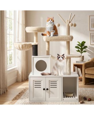 2-in-1 Modern Cat House and Litter Box Enclosure with Tree Tower, Hidden Washroom, Hammock, Scratching Posts, Soft Perches, Multi-Functional Furniture