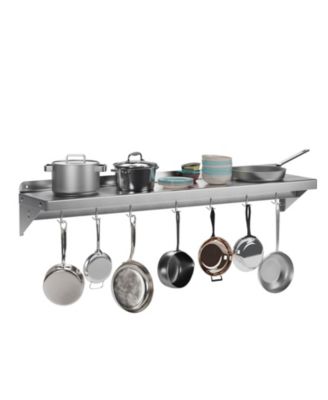 Wall Mounted Shelf, 48 Inch Stainless Steel Floating Shelf with 7 Hooks for Kitchen or Pantry