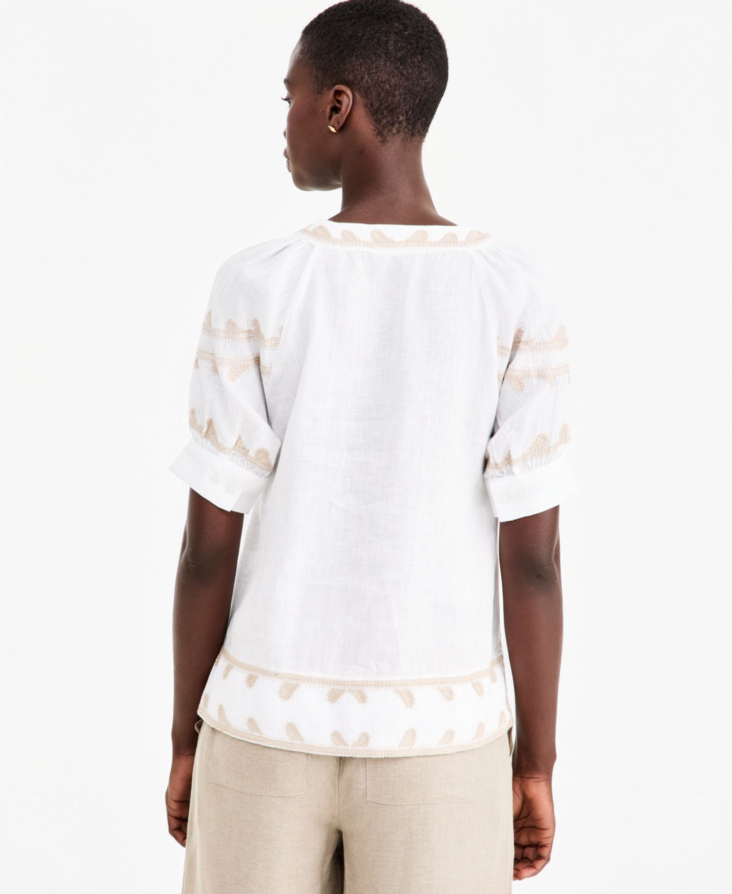 Women's Linen Puff-Sleeve Embroidered Blouse