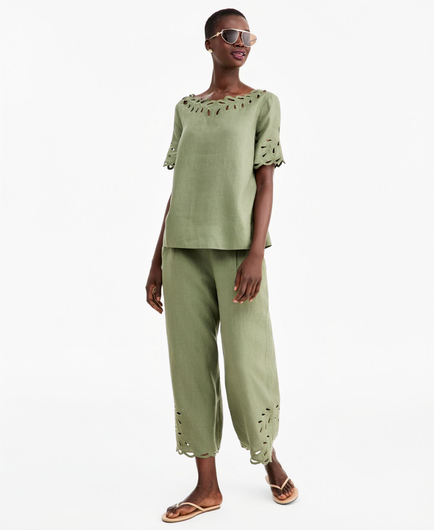Women's Linen Eyelet-Hem Cropped Wide-Leg Pants