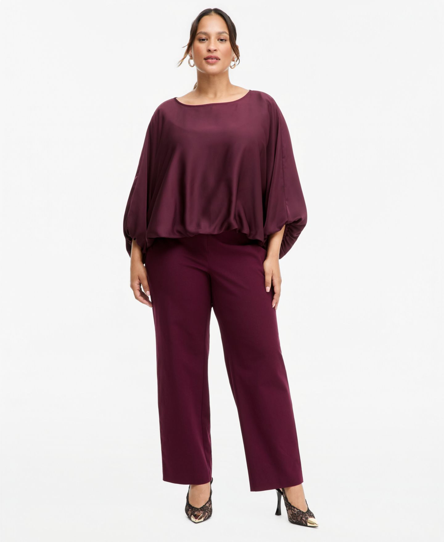 Женская блузка I.N.C. International Concepts I.N.C. Plus Size Elbow Bubble Flow Raglan Short-Sleeve Wide-Neck Blouse, цвет: Ягодный винный — фото 2