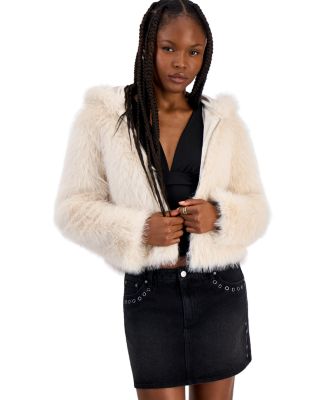 Juniors' Hooded Cropped Faux Fur Jacket