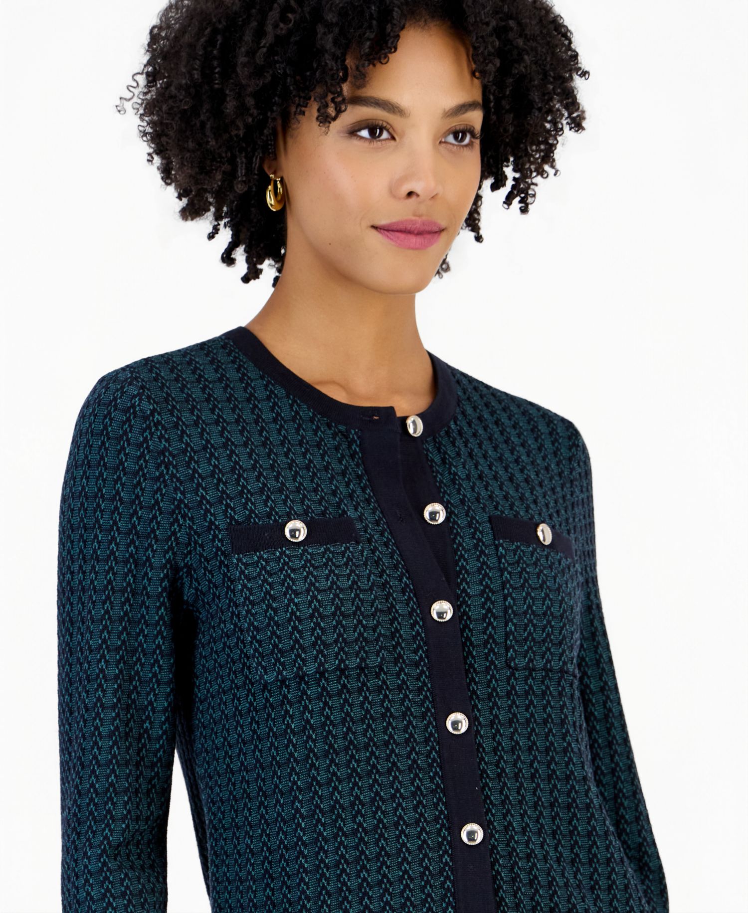 Petite Two-Tone Stitch Crew Neck 3/4 Sleeve Cardigan