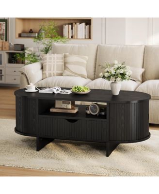 Oval Coffee Table, 47.2" Fluted Coffee Table with Storage, Center Table with Drawer and Sliding Doors, Indoor Living Room Table for Small Spaces