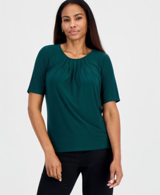 Women's Box-Pleat Neck Elbow-Sleeve Blouse