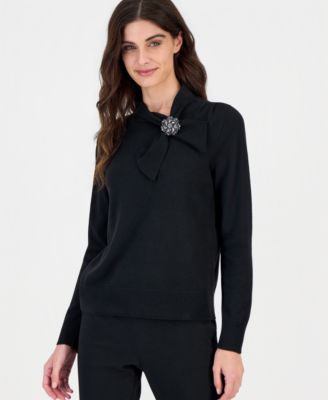 Women's Mock-Neck Pleated-Shoulder Sweater with Brooch