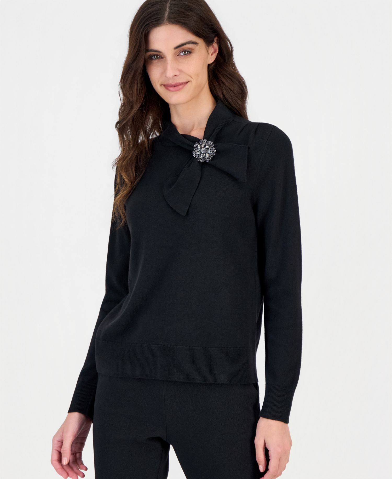 Petite Mock-Neck Pleated-Shoulder Sweater with Brooch