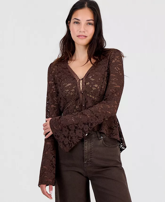 Women's Lace Bell-Sleeve Button-Front Top - thumbnail 4