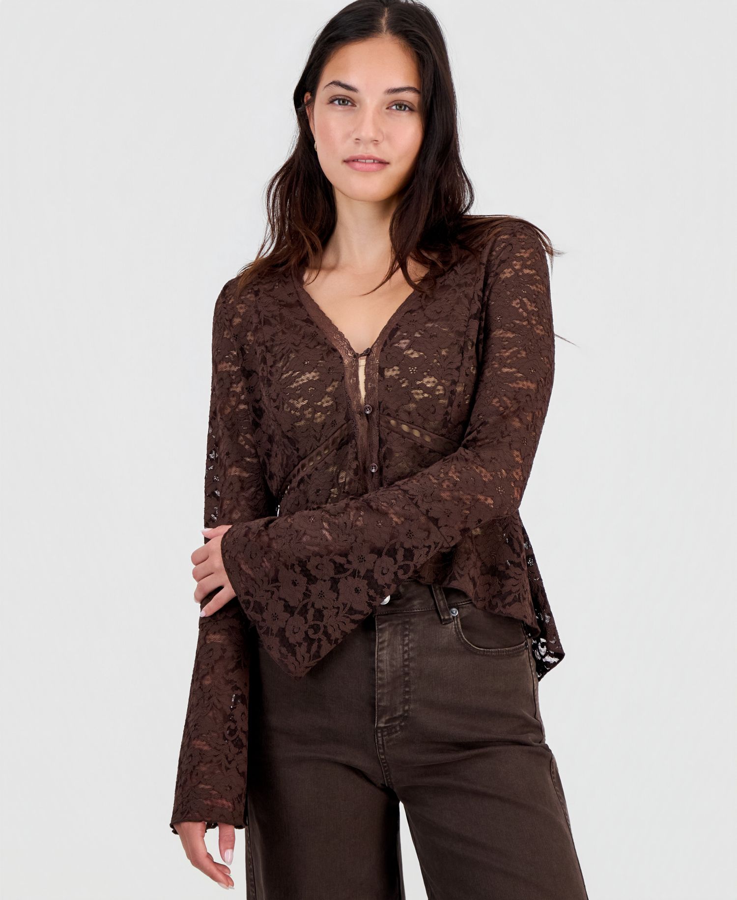 Women's Lace Bell-Sleeve Button-Front Top