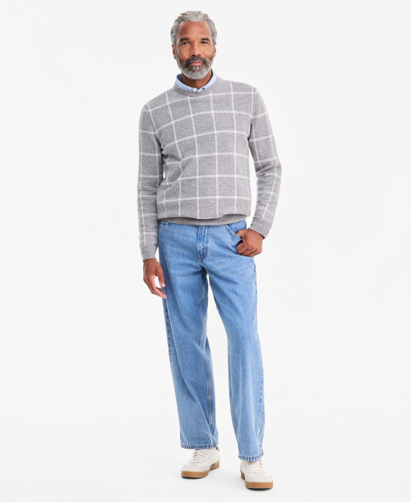 Мужской свитер Club Room Cashmere Windowpane Crewneck, цвет: Серый — фото 4