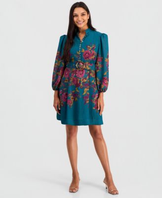 Women's Floral-Print Belted Fit & Flare Dress