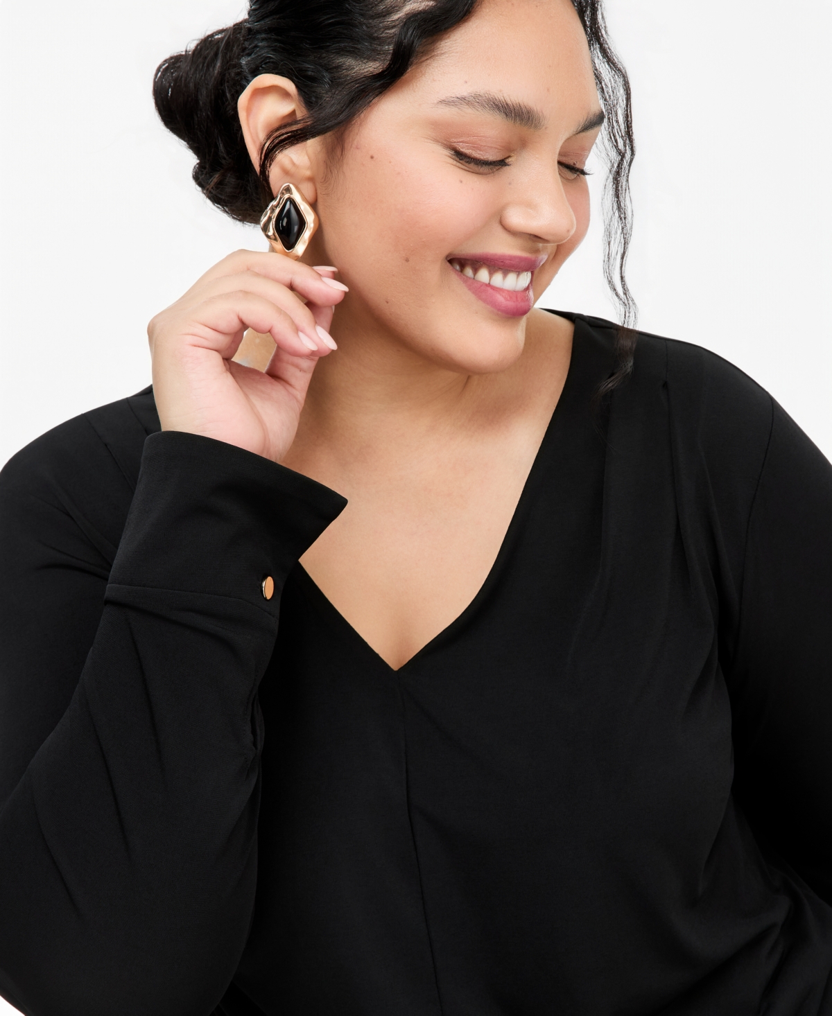 I.n.c. International Concepts Plus V-Neck Long-Sleeve Pleated Blouse, Macy's Exclusive