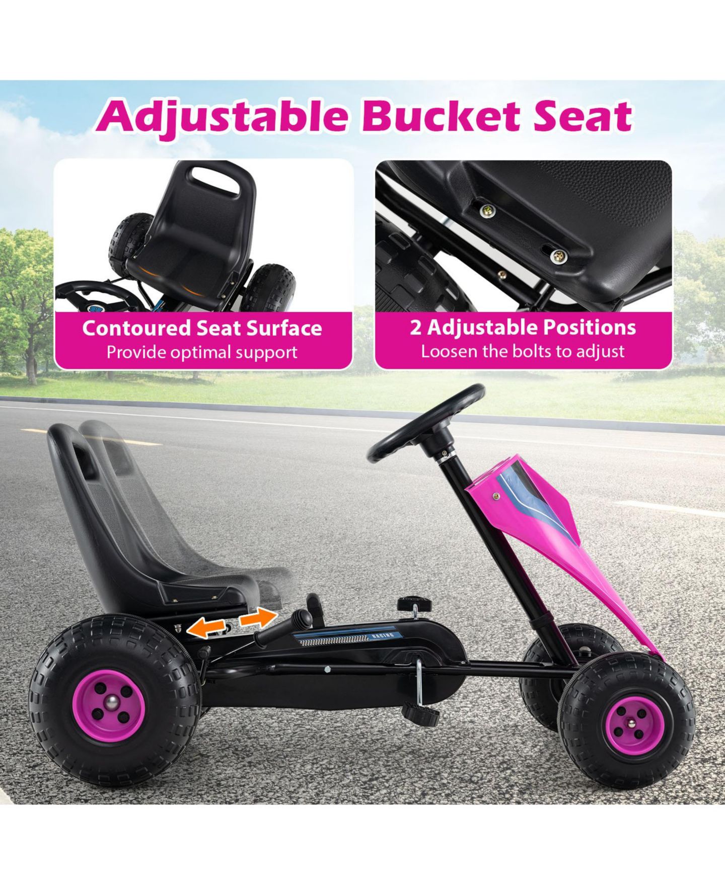 Детская игрушка Gymax 4-Wheel Pedal Go Kart with Steering Wheel, от 3 лет, цвет: Розовый — фото 6