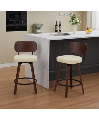 Swivel Bar Stools Set of 2, 26" Upholstered Faux Leather Counter Height Barstools with Walnut Back and Bentwood Legs,Counter