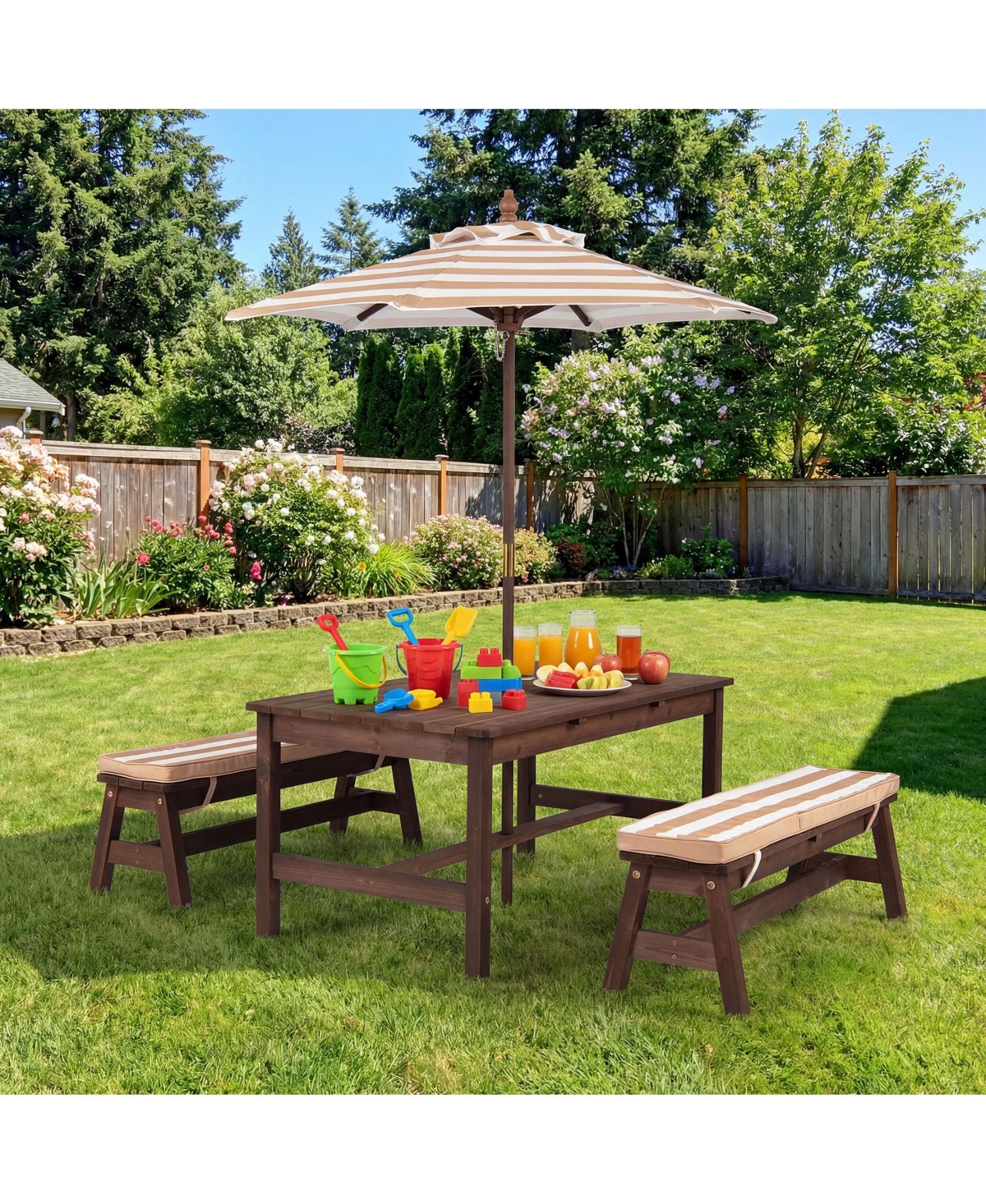 Gymax Kids Picnic Table Outdoor Wooden Table and Bench Set with Removable Umbrella